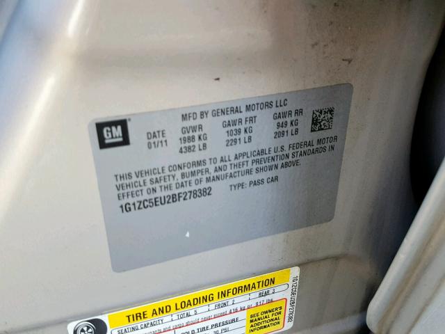 1G1ZC5EU2BF278382 - 2011 CHEVROLET MALIBU 1LT 金色 照片 10