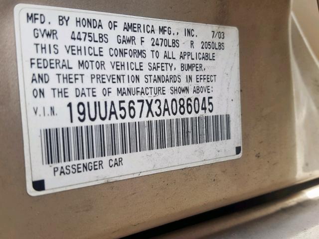 19UUA567X3A086045 - 2003 ACURA 3.2TL SILVER photo 10