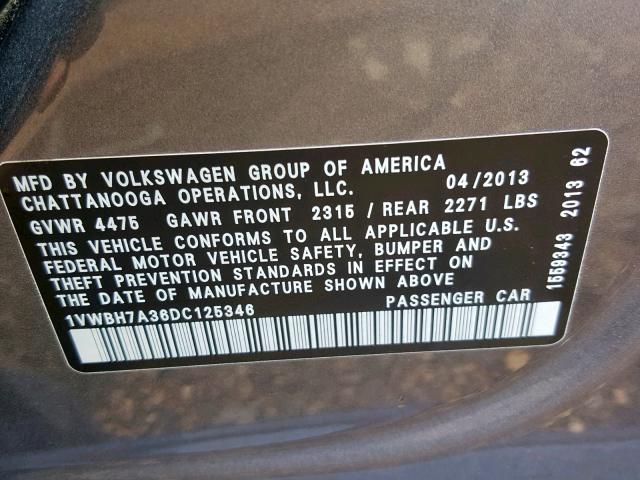 1VWBH7A36DC125346 - 2013 VOLKSWAGEN PASSAT SE GRAY photo 10