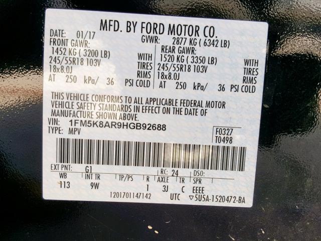 1FM5K8AR9HGB92688 - 2017 FORD EXPLORER P BLACK photo 10