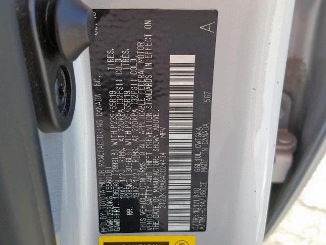 2T2ZK1BA8AC024434 - 2010 LEXUS RX 350 SILVER photo 10