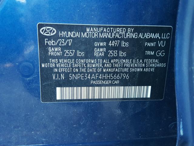 5NPE34AF4HH566796 - 2017 HYUNDAI SONATA SPO BLUE photo 10