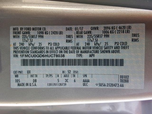 1FMCU0GD6HUC78038 - 2017 FORD ESCAPE SE SILVER photo 10