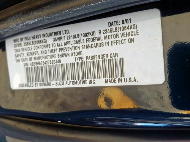 4S3BH675427620446 - 2002 SUBARU LEGACY OUT BLUE photo 10