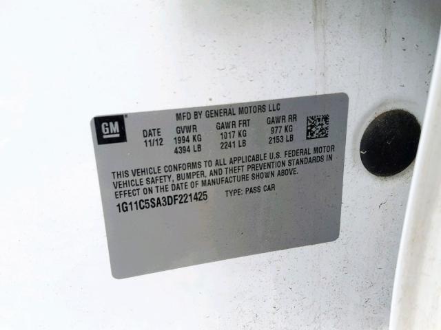 1G11C5SA3DF221425 - 2013 CHEVROLET MALIBU 1LT WHITE photo 10