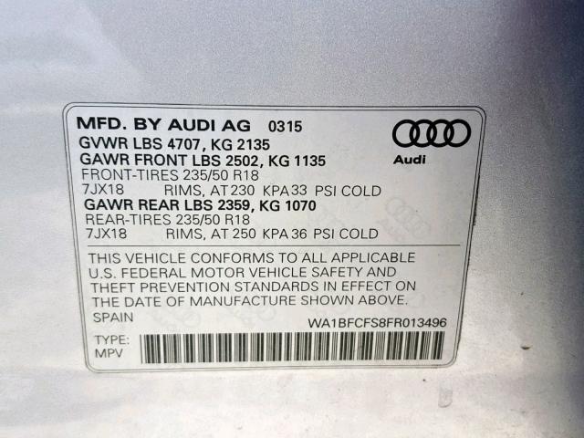 WA1BFCFS8FR013496 - 2015 AUDI Q3 PREMIUM GRAY photo 10