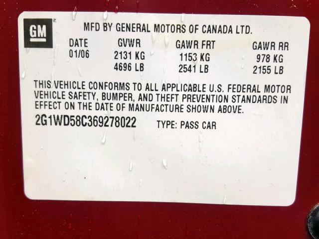 2G1WD58C369278022 - 2006 CHEVROLET IMPALA SUP Қызыл фото 10