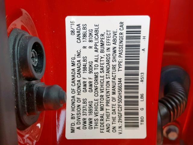 2HGFC2F50GH566344 - 2016 HONDA CIVIC LX RED photo 10