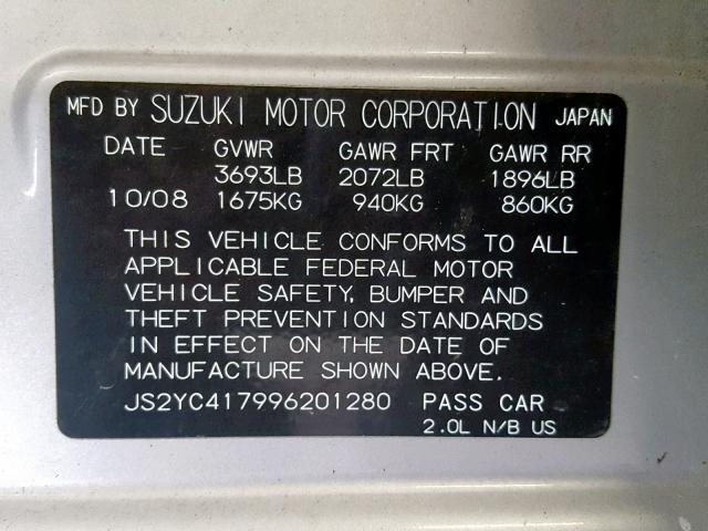 JS2YC417996201280 - 2009 SUZUKI SX4 TOURIN SILVER photo 10