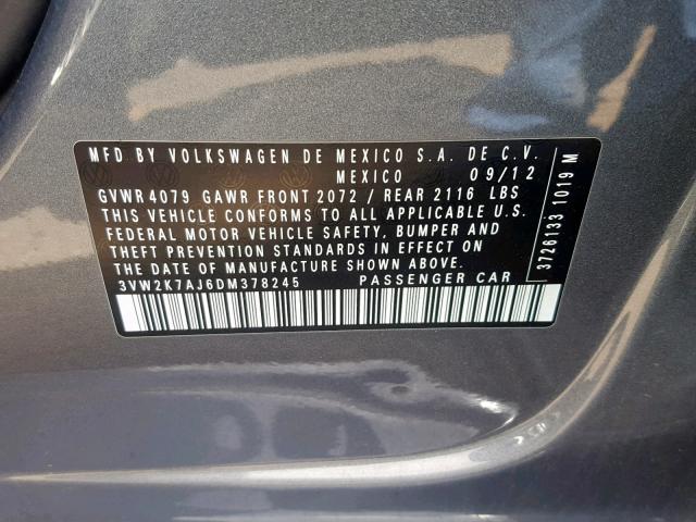 3VW2K7AJ6DM378245 - 2013 VOLKSWAGEN JETTA BASE 灰色 照片 10