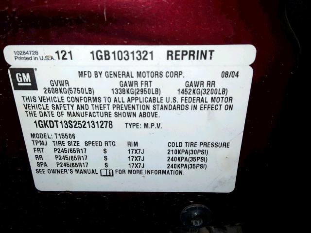 1GKDT13S252131278 - 2005 GMC ENVOY MAROON photo 10