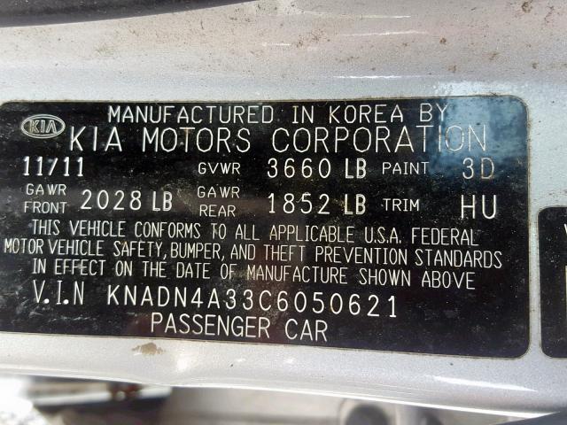 KNADN4A33C6050621 - 2012 KIA RIO EX SILVER photo 10