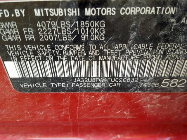 JA32U8FW4FU020632 - 2015 MITSUBISHI LANCER GT RED photo 10