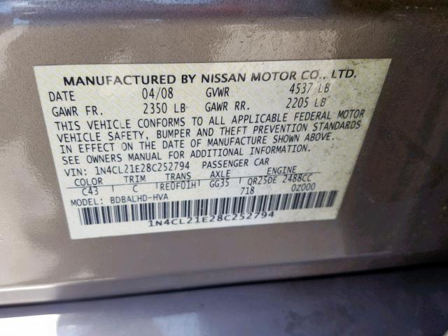 1N4CL21E28C252794 - 2008 NISSAN ALTIMA HYB GOLD photo 10