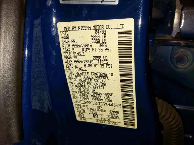 5N1ED28Y13C670493 - 2003 NISSAN XTERRA XE BLUE photo 10