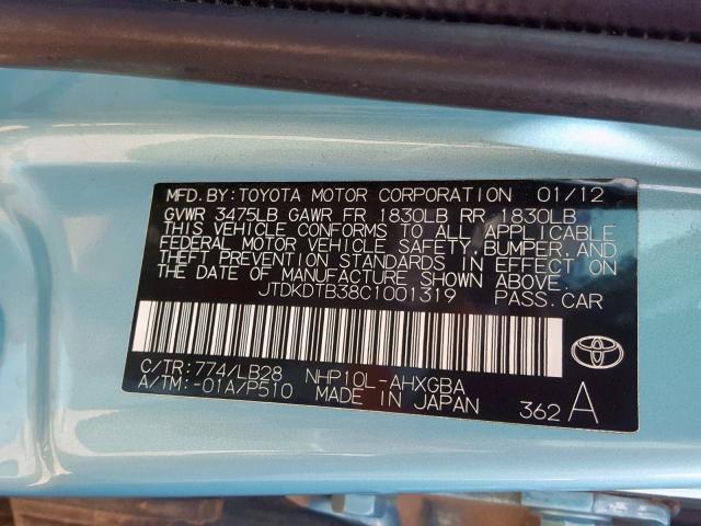 JTDKDTB38C1001319 - 2012 TOYOTA PRIUS C BLUE photo 10