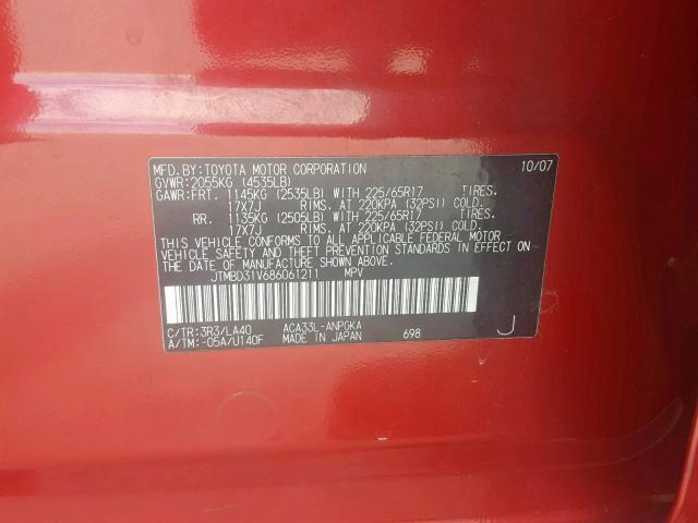 JTMBD31V686061211 - 2008 TOYOTA RAV4 LIMIT RED photo 10