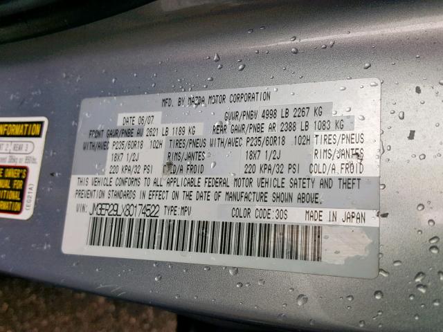 JM3ER29LX80174522 - 2008 MAZDA CX-7 GRAY photo 10