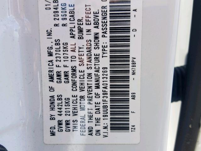 19UUB1F39FA013269 - 2015 ACURA TLX WHITE photo 10