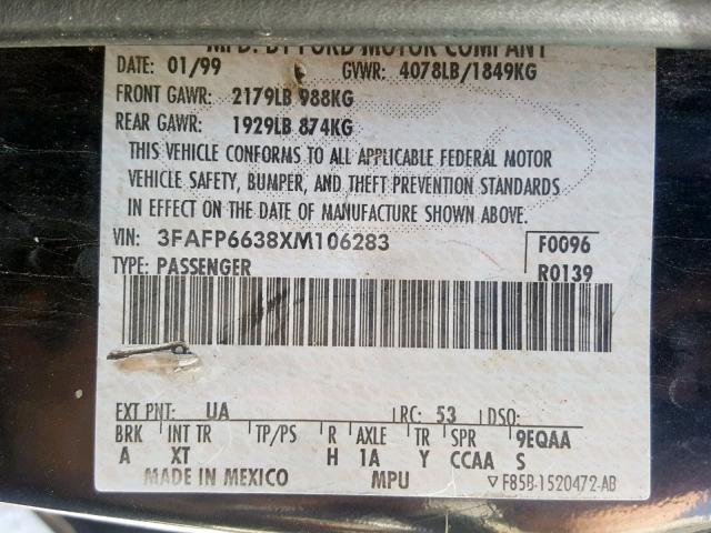 3FAFP6638XM106283 - 1999 FORD CONTOUR SE BLACK photo 10