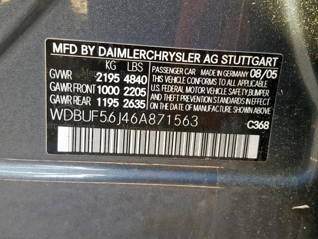 WDBUF56J46A871563 - 2006 MERCEDES-BENZ E 350 GRAY photo 10