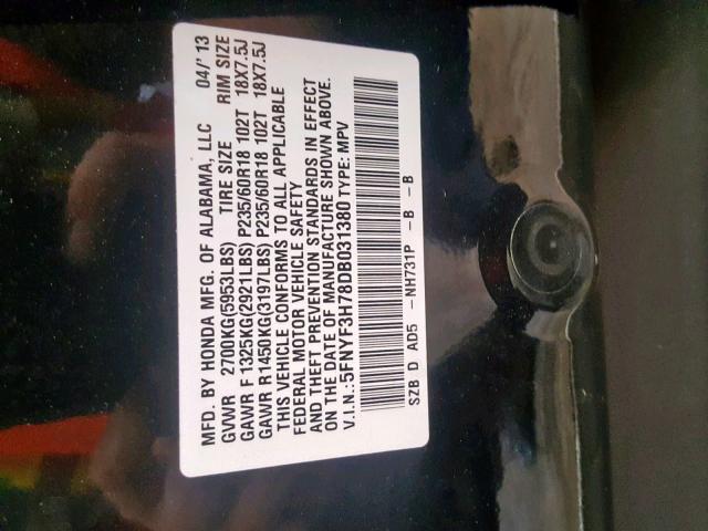 5FNYF3H78DB031380 - 2013 HONDA PILOT EXLN BLACK photo 10