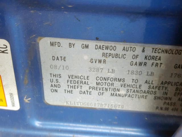 KL1TD66617B715679 - 2007 CHEVROLET AVEO BASE Көк фото 10