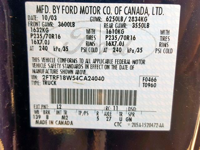 2FTRF18W54CA24040 - 2004 FORD F-150 HERI BLUE photo 10