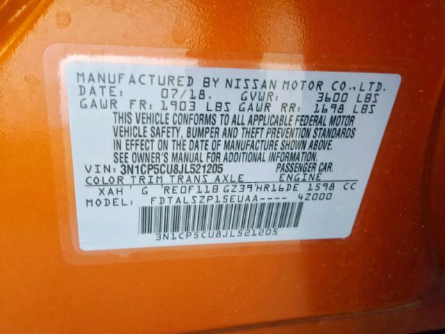 3N1CP5CU8JL521205 - 2018 NISSAN KICKS S ORANGE photo 10