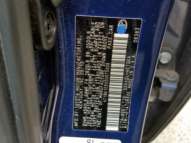 4T1BK1EBXDU075009 - 2013 TOYOTA AVALON BAS BLUE photo 10