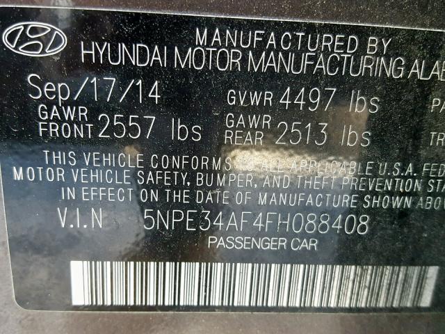 5NPE34AF4FH088408 - 2015 HYUNDAI SONATA SPO GRAY photo 10