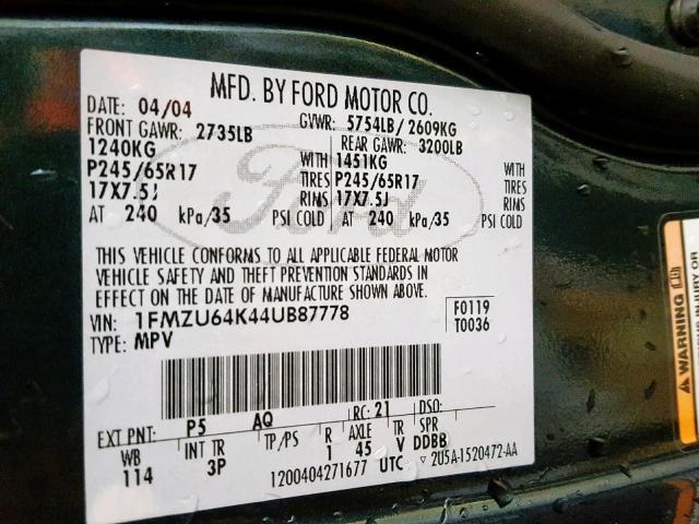 1FMZU64K44UB87778 - 2004 FORD EXPLORER E GREEN photo 10