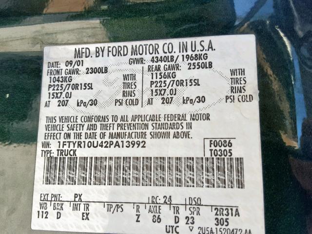 1FTYR10U42PA13992 - 2002 FORD RANGER GREEN photo 10