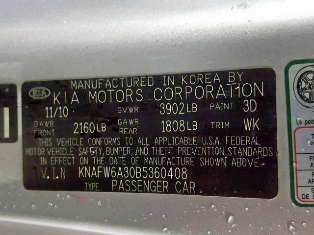 KNAFW6A30B5360408 - 2011 KIA FORTE SX SILVER photo 10