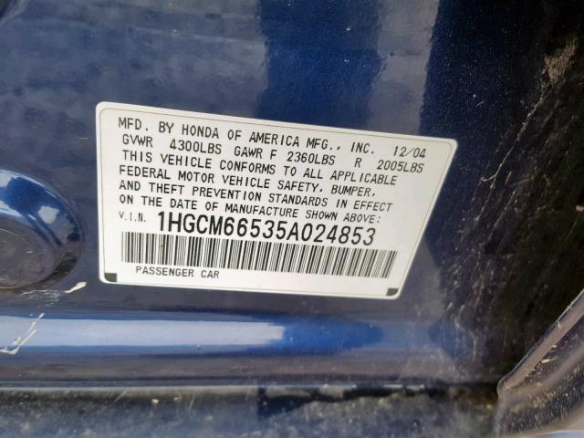 1HGCM66535A024853 - 2005 HONDA ACCORD EX BLUE photo 10