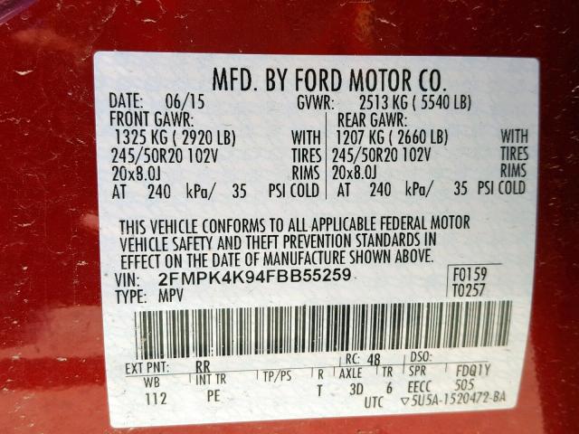 2FMPK4K94FBB55259 - 2015 FORD EDGE TITAN RED photo 10