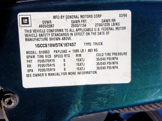 1GCCS19W5TK187457 - 1996 CHEVROLET S TRUCK S1 GREEN photo 10