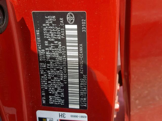 4T1BE46K59U347013 - 2009 TOYOTA CAMRY BASE RED photo 10