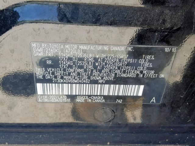 2T3DK4DV6BW040462 - 2011 TOYOTA RAV4 LIMIT BLACK photo 10