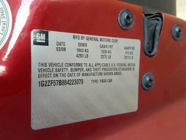 1G2ZF57B884223079 - 2008 PONTIAC G6 VALUE L RED photo 10