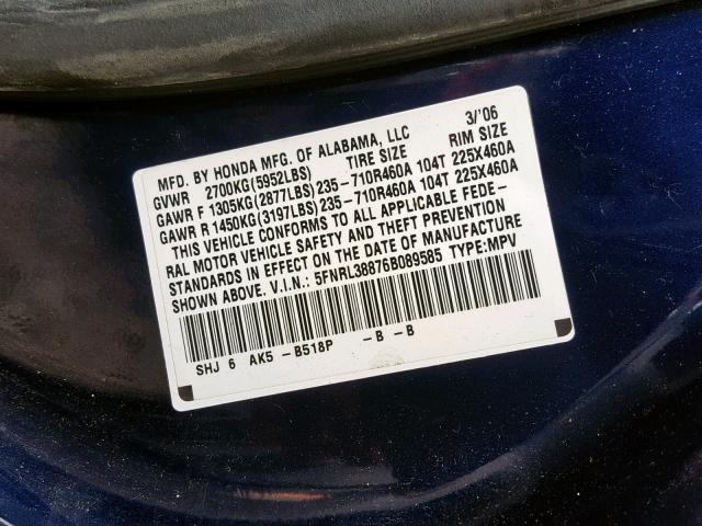 5FNRL38876B089585 - 2006 HONDA ODYSSEY TO BLUE photo 10