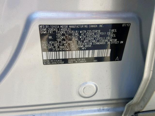 2T3DFREV0DW073492 - 2013 TOYOTA RAV4 LIMIT SILVER photo 10