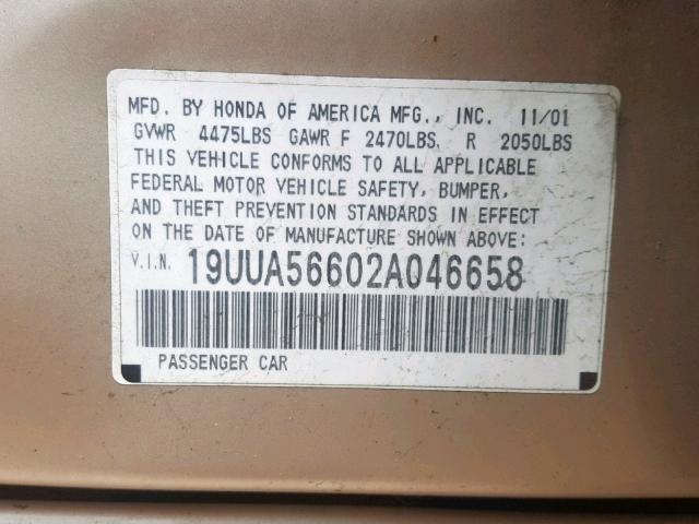 19UUA56602A046658 - 2002 ACURA 3.2TL BEIGE photo 10