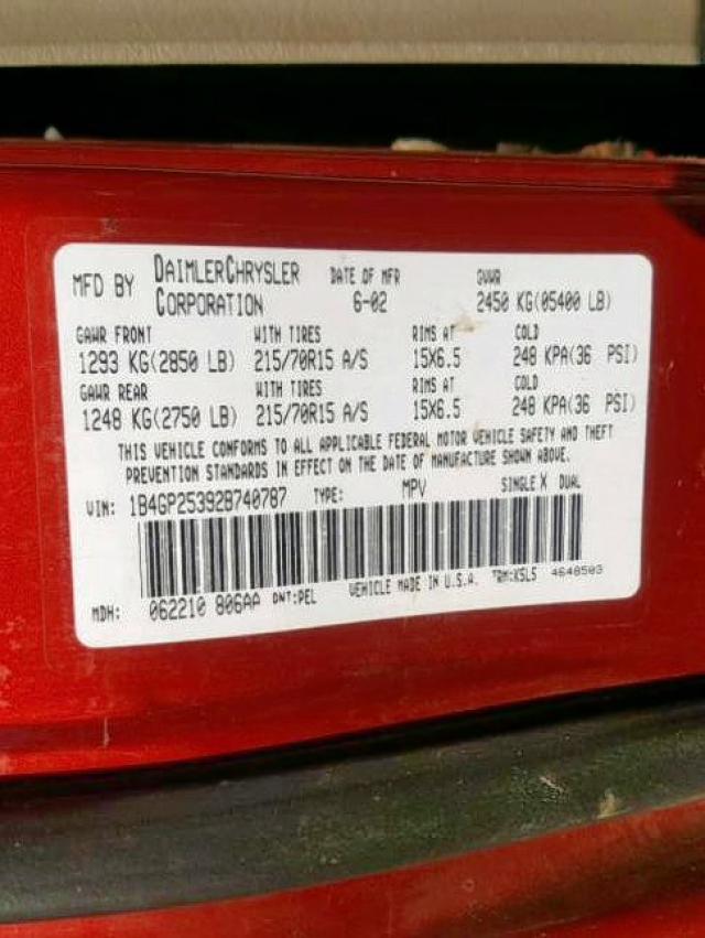 1B4GP25392B740787 - 2002 DODGE CARAVAN SE RED photo 10