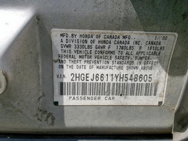 2HGEJ6611YH548605 - 2000 HONDA CIVIC BASE SILVER photo 10