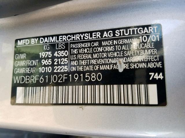 WDBRF61J02F191580 - 2002 MERCEDES-BENZ C 240 SILVER photo 10