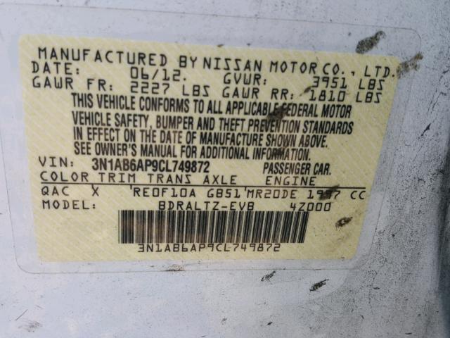 3N1AB6AP9CL749872 - 2012 NISSAN SENTRA 2.0 WHITE photo 10