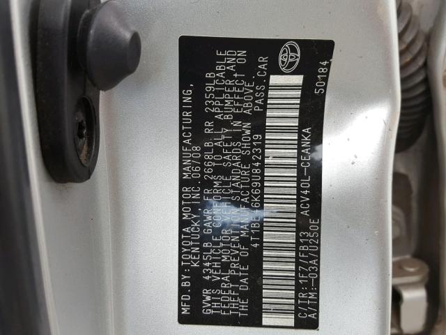 4T1BE46K69U842319 - 2009 TOYOTA CAMRY BASE SILVER photo 10