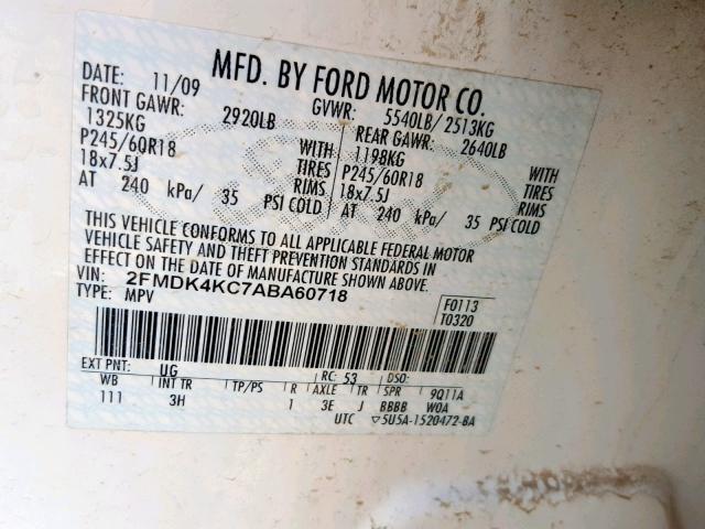 2FMDK4KC7ABA60718 - 2010 FORD EDGE LIMIT WHITE photo 10