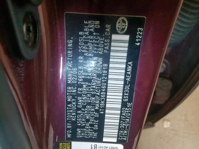 4T1BK36B46U121818 - 2006 TOYOTA AVALON MAROON photo 10